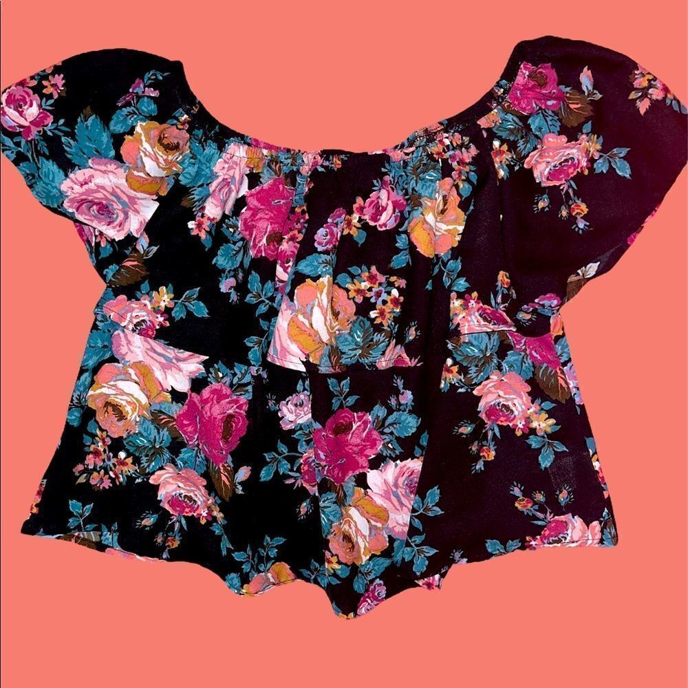 Off the shoulder, black floral top 